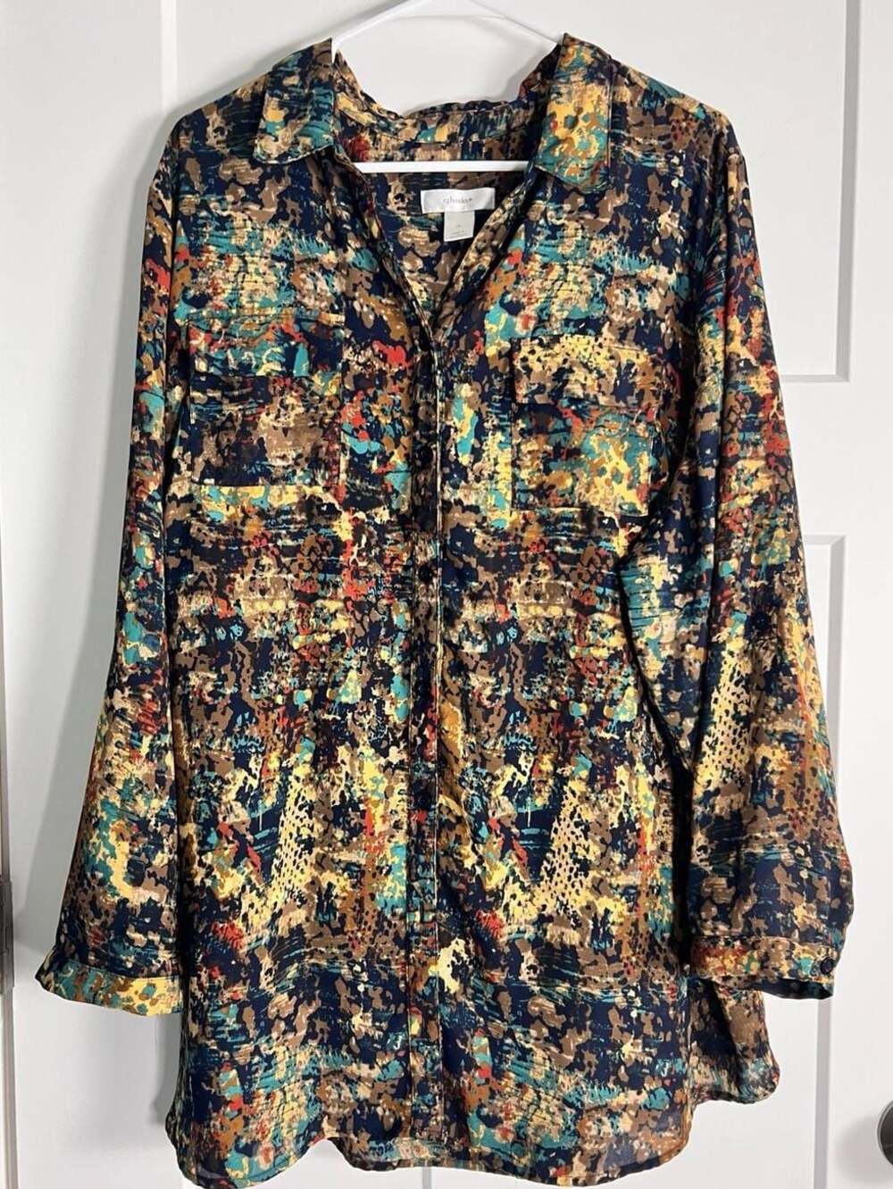 CJ Banks Multicolor Western Abstract Print Long Sleeve Button-Up Blouse